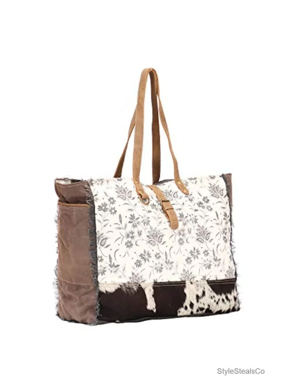 Canvas Floral Hobo Bag with Leather Strap - Tote Shoulder Purse
